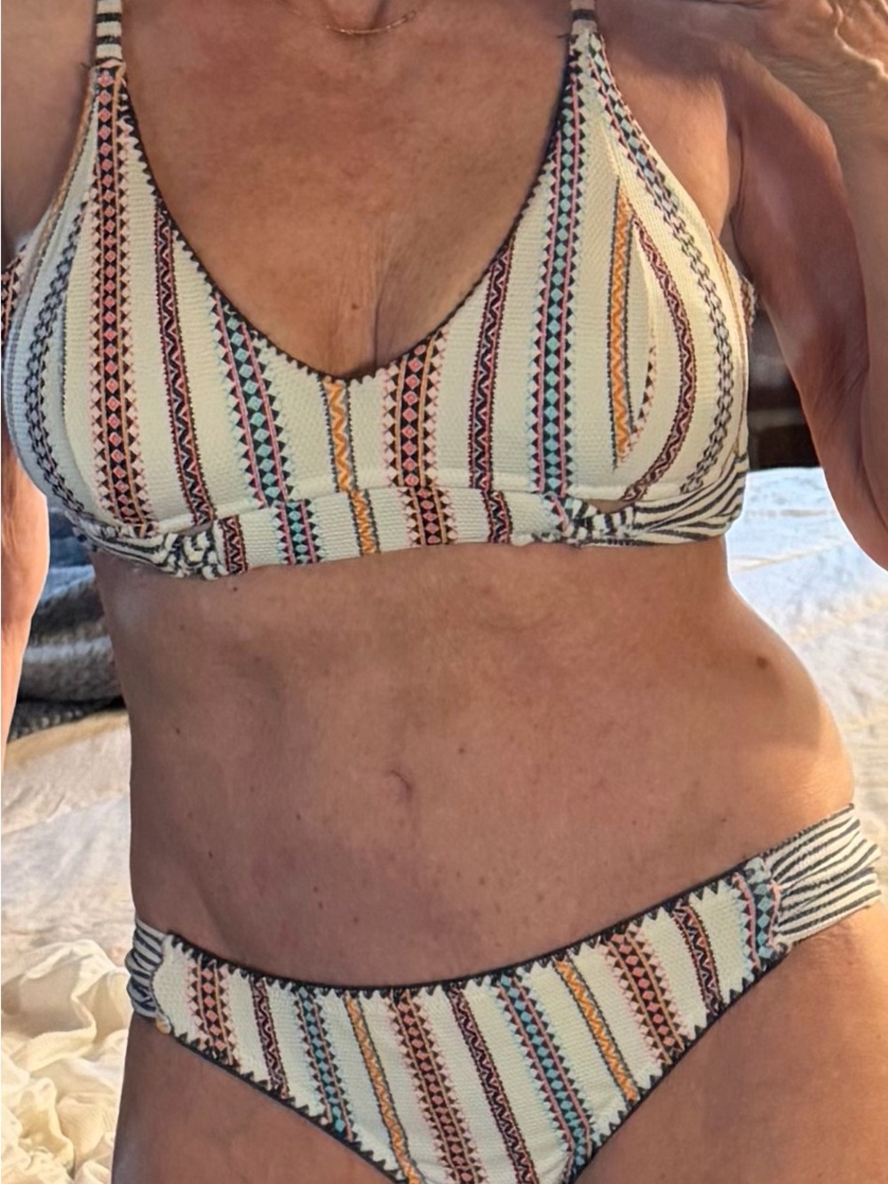 Jessica Simpson Cream Bikini with Multicolor Stripe Accents